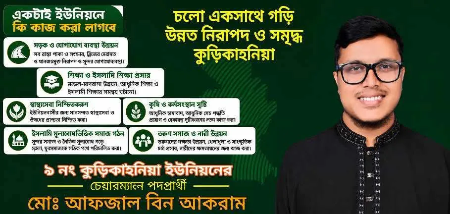 সমাজ গড়ার প্রত্যয় নিয়ে আফজাল বিন আকরাম ৯ নং কুড়িকাহনীয়া ইউনিয়ন পরিষদ চেয়ারম্যান পদে প্রার্থী