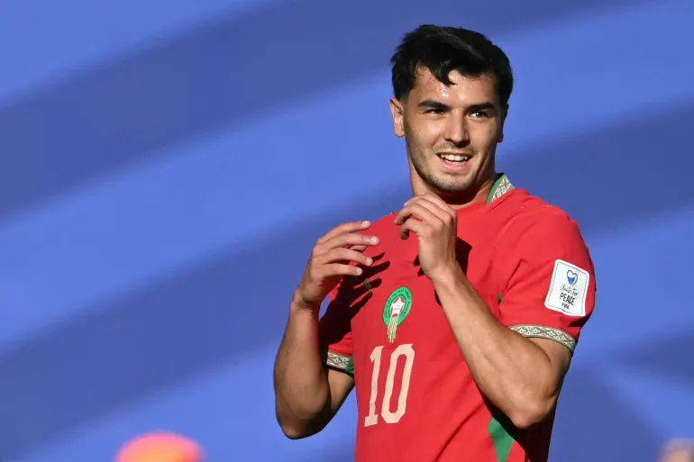 মরোক্কোর ফরোয়ার্ড #10 ব্রাহিম দিয়াজ 2026 সালের 13 জুন, 2026 তারিখে ইস্ট রাদারফোর্ডের নিউ ইয়র্ক/নিউ জার্সি স্টেডিয়ামে ব্রাজিল এবং মরক্কোর মধ্যে 2026 বিশ্বকাপের গ্রুপ সি ফুটবল ম্যাচ চলাকালীন একটি সুযোগ মিস করার পরে প্রতিক্রিয়া জানিয়েছেন। (ছবি মাউরো পিমেন্টেল / AFP)